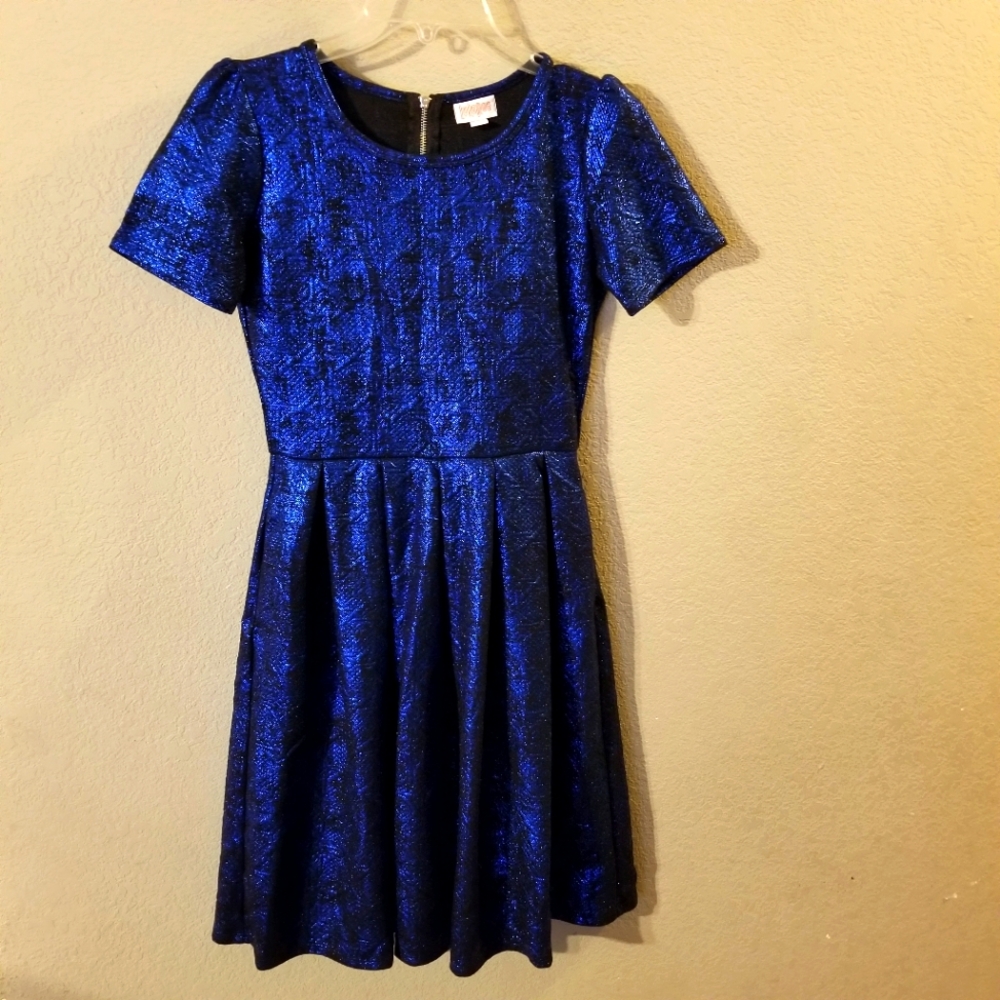 LuLaRoe Women's Blue/Black Glittery Short Sleeve‎ Fit & Flare Dress Size Small